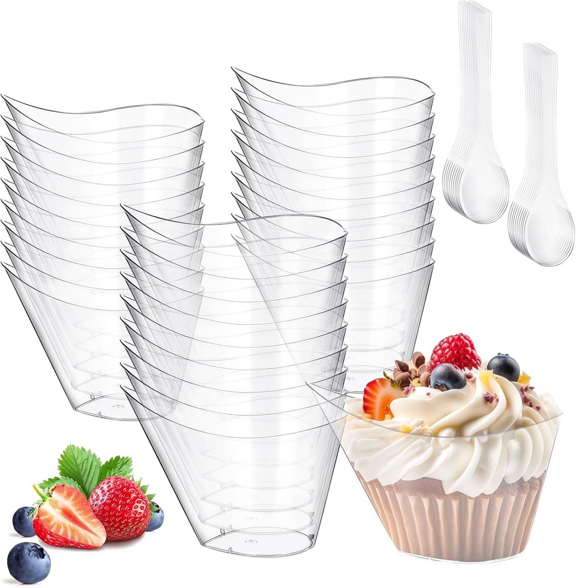 56 Dessertbekers met Lepels, 200 ml Transparante Kommetjes voor Mousse, Pudding en IJs