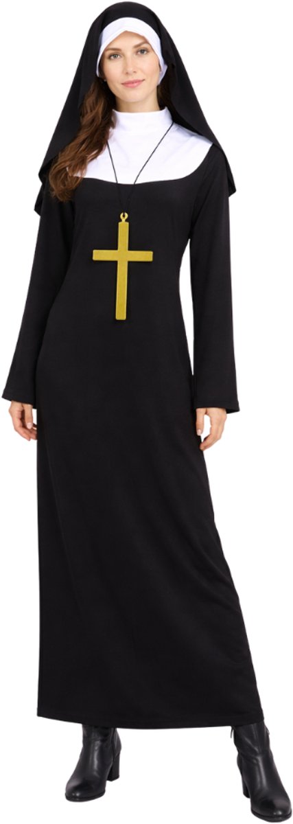 Joya Party® Non Verkleed Kostuum Dames | Luxe Nonnen Jurk Kap & Kruis | Stretch & Ondoorzichtig | Carnaval, Themafeest & Halloween | Verkleedkostuum Vrouw |