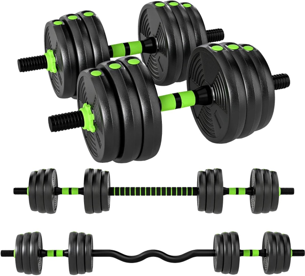 3-in-1 Verstelbare Dumbbells, Halter & Kettlebell Set - Gewichten Set met 12 Schijven: 4 x 2 kg, 4 x 1,5 kg, 4 x 1,25 kg- 20 KG Verstelbare Halterset - Thuis Fitness - Thuisgym - Zwart/Groen – foto 2