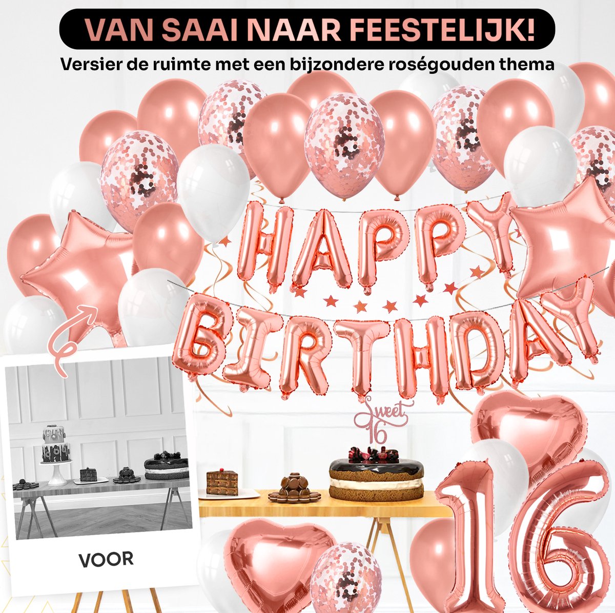 Vitamo™ Roségoud Sweet 16 - 16 Jaar Verjaardag Versiering- Feestversiering - Happy Birthday - Feestpakket - Ballonnen - Slinger - Verjaardagsfeest - Feestartikelen - Feestdecoratie Roze Goud — afbeelding 4