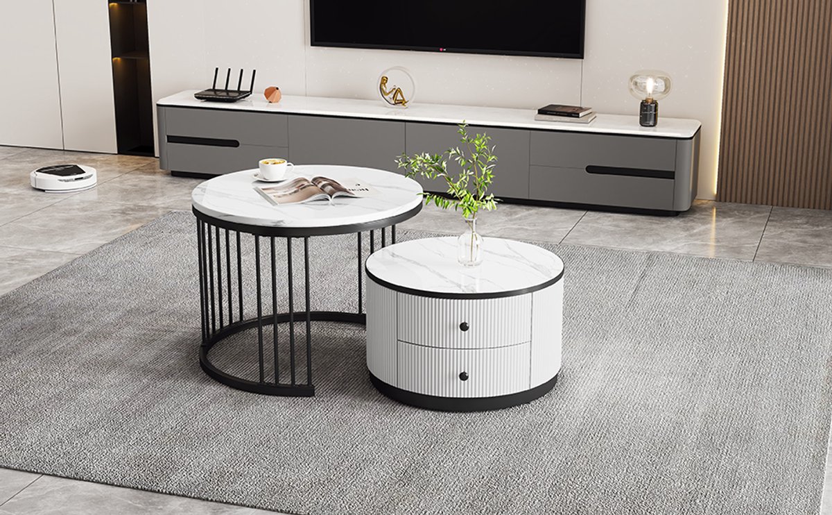 STILVORA Salontafels - Rond 2 Delige Set Salontafel Met Laden - Multifunctionele Opbergruimte Voor Balkon En Woonkamer - MDF Hoogglans Bovenblad - Zwart - Vorm Rond - 60x60x45,5 + 50x50x32 cm