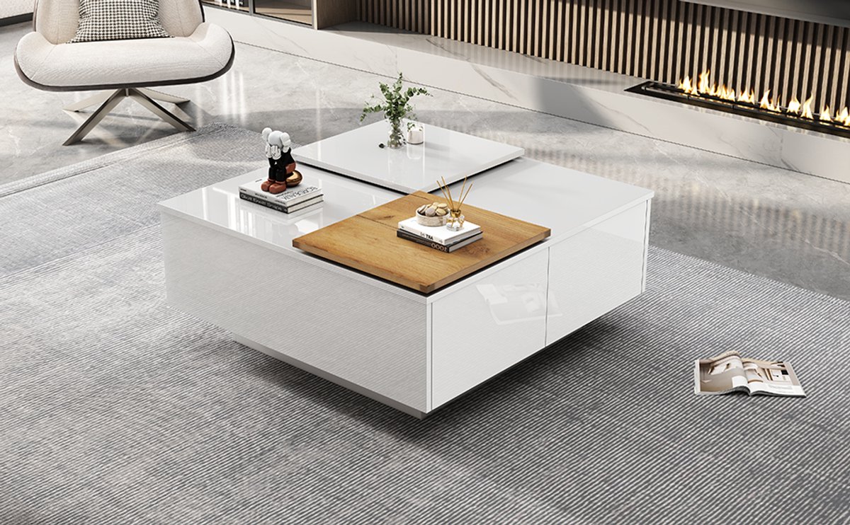 STILVORA Salontafels - Bijzettafel Vierkant Met 4 Lades En Verschoven Bovenplaat - 75x75x33.5 cm - Spaanplaat - Wit/Natuur