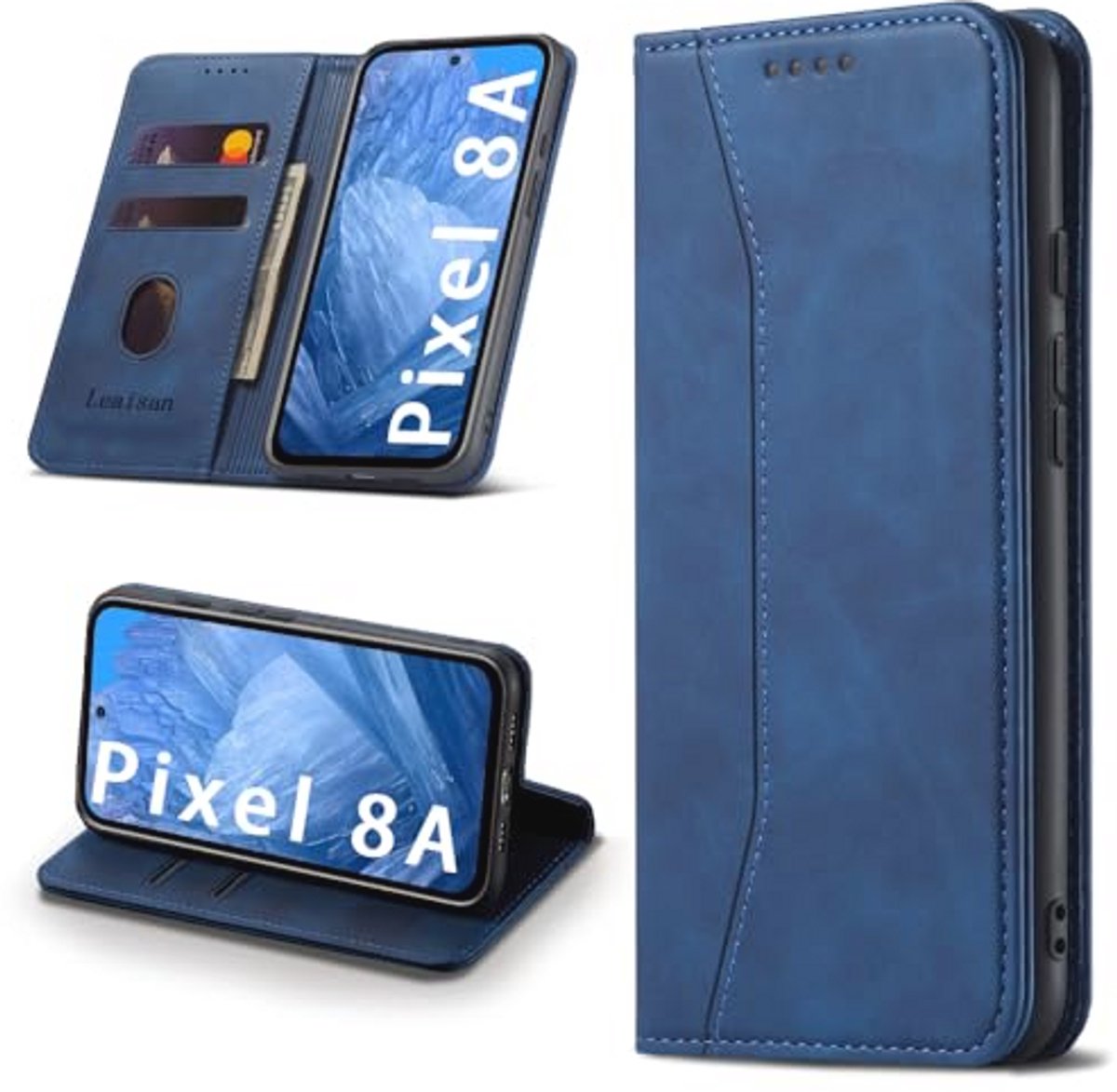 Premium PU-leer hoes voor Google Pixel 8A 5G met klapdeksel en kaarthouder - Blauw