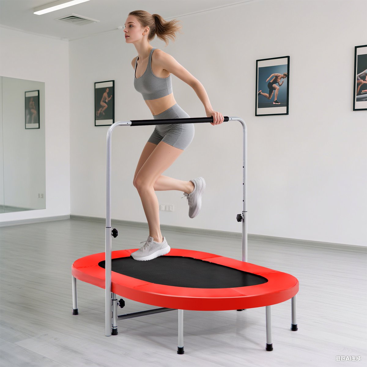 COSTWAY Trampoline voor 2 personen, met in hoogte verstelbare handgreep, mini-trampoline tot 150 kg belastbaar, kindertrampoline inklapbaar, tuintrampoline voor kinderen en volwassenen (rood) — afbeelding 2