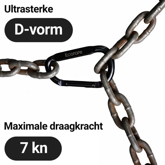 Zwarte Ecorare D-vorm karabijnhaak met kettingen, ultrasterk en maximale draagkracht van 7 kn.