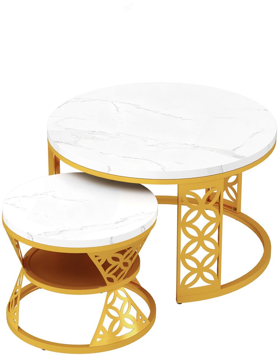 MODFU Salontafel set van 2 – Ronde nestbare bijzettafels met marmerlook en rotan – Goud metalen frame – Voor woonkamer of kantoor – Wit/Goud