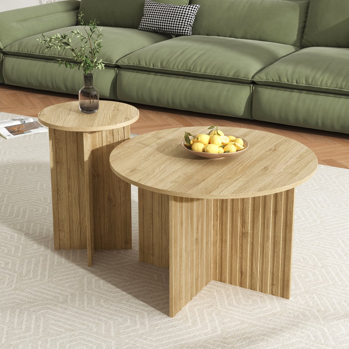 STILVORA Salontafels - Koffietafel Bijzettafel Rond 2-Delig Scandinavisch - 76x76x50 & 40x40x56,5 cm - Spaanplaat - Naturel