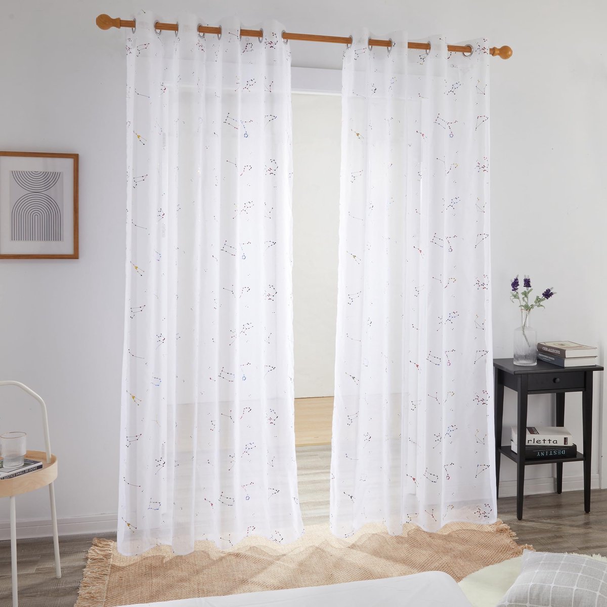 Unyqoos Lichtdoorlatende moderne gordijnen met sterrenpatroon voor woonkamer of slaapkamer wit
