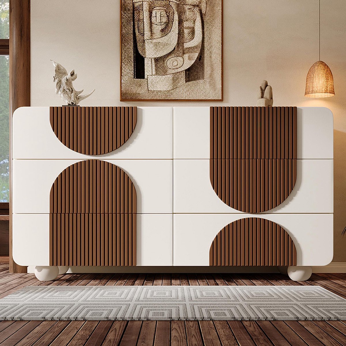 KOMHTOM BLACKCOLORS - Commode - Met 6 Lades en Gebogen Design - Elegant Wit Dressoir - Chocoladekleurige Houten Latten - Geruisloze Uitschuifbare Lades - Kantelbeveiliging