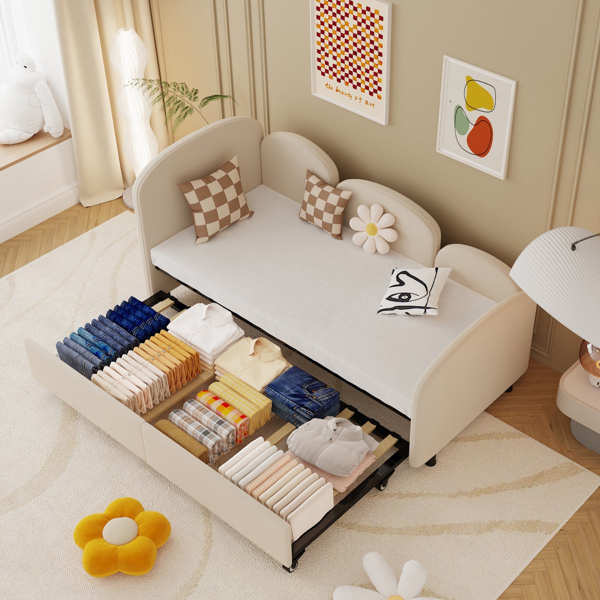 STILVORA Slaapbank 90x200 cm - Logeerbed Met Uitklapbaar Onderbed 90x190 cm - Gestoffeerd Bed - Fluweel - Beige