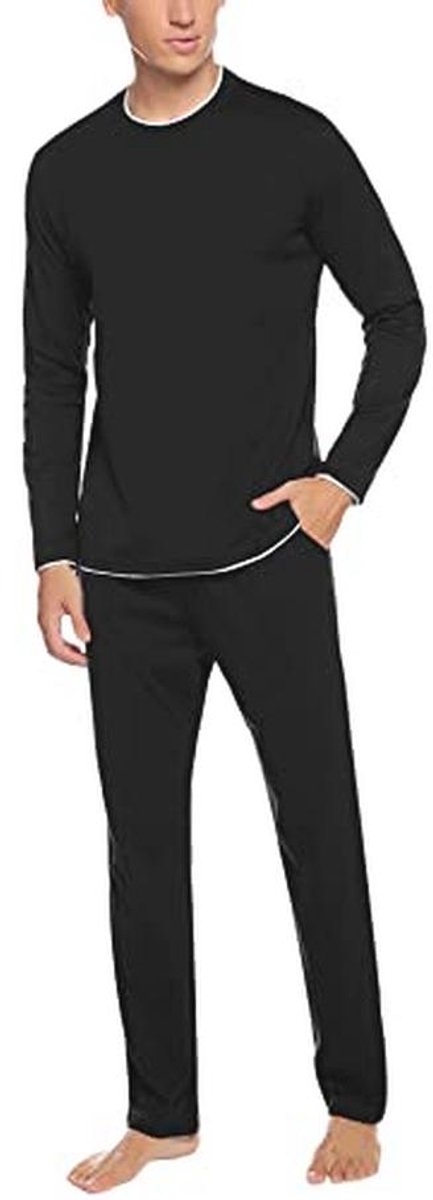 Heren Katoenen Pyjama Set met Lange Mouwen en Broek - Zwart, Blauw, Grijs - Maat S-XXL