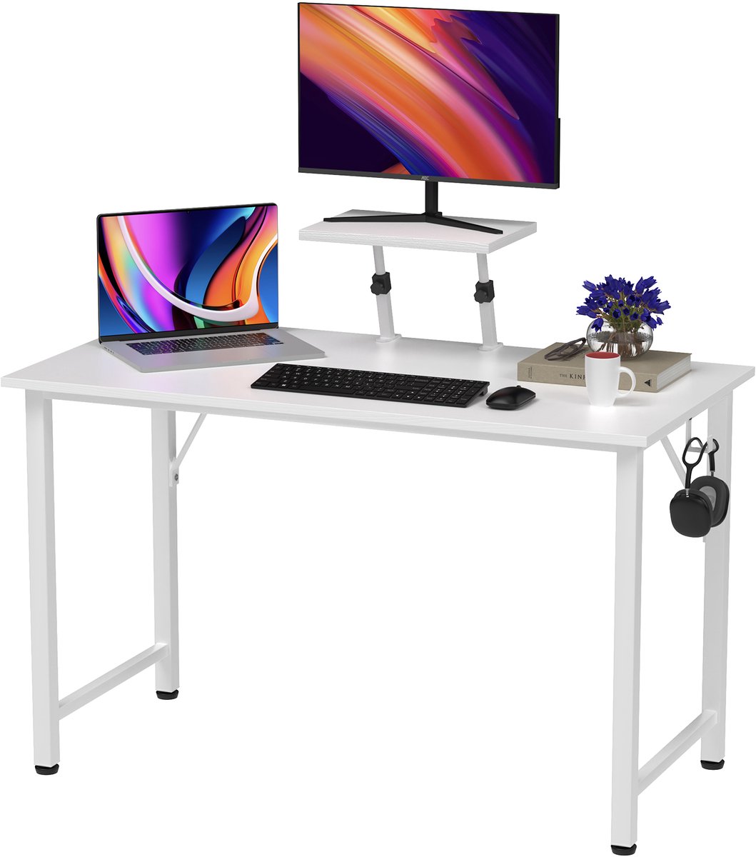 PIPIPOXER Bureau met in hoogte verstelbare monitorstandaard, computerbureau, pc-bureau, 100x50x75cm, wit