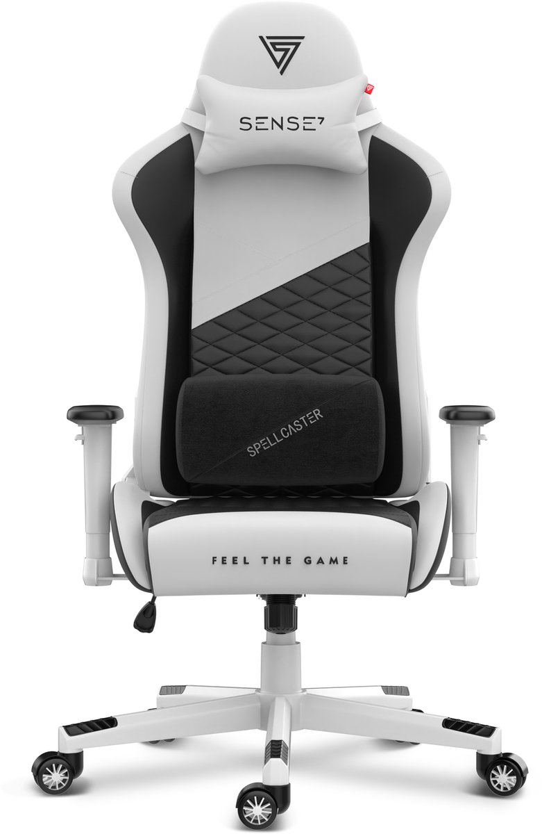 SENSE7 Spellcaster Senshi - Ergonomische bureaustoel - Gamingstoel - nek- en lendenkussen - In hoogte verstelbaar - Eco-leer - Duurzaam en comfortabel - Maximale belasting 150 kg - tot 185 cm lang - Zwart en wit