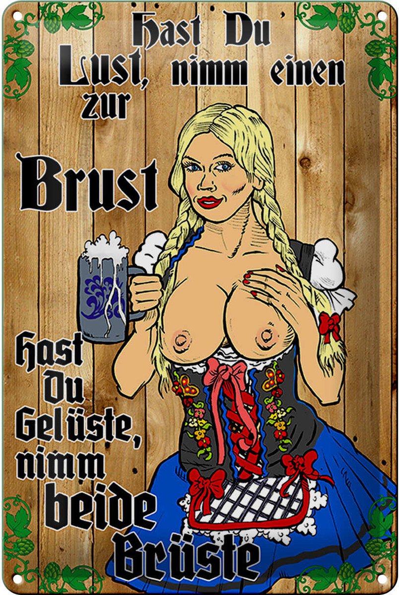 Blechschild Pinup 20x30cm Nimm einen zur Brust Bier