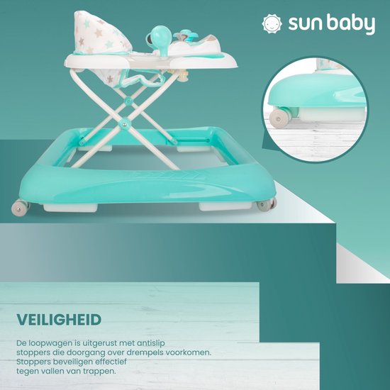 sun baby Loopstoel, baby walker vanaf 6 maanden, verstelbare hoogte, rubberen wielen - Mintgroen met sterretjes van Sun Baby — afbeelding 5