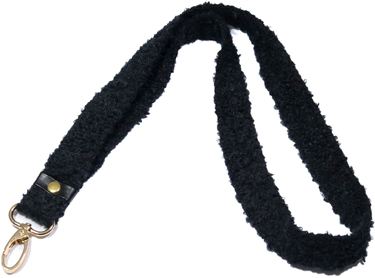 Zwart teddy keycord - bouclé keycord met gouden details - 90 cm - zwart - sleutelkoord handgemaakt - STUDIO Ivana