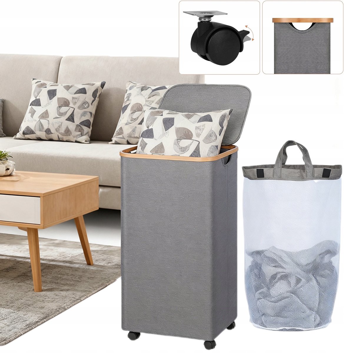 Wasmand met wielen 75L - Inclusief afneembare tas en deksel