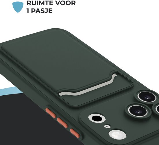 Donkergroen telefoonhoesje met een ingebouwde kaarthouder. Tekst: "RUIMTE VOOR 1 PASJE".