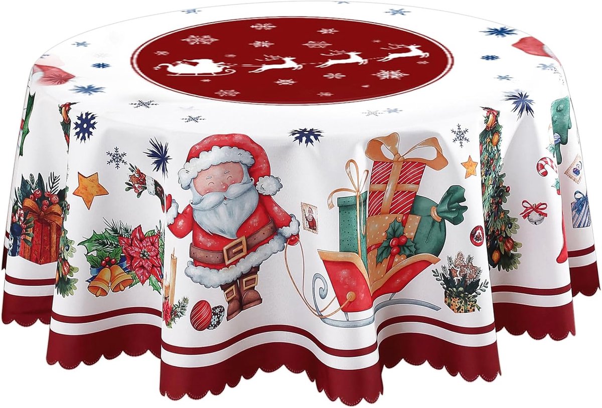 Tafelkleed - Tafelkleed kerst - Kerstmis decoratie - Kersttafelkleed - Rond Kersttafelkleed - Kerst ronde tafelkleden - Kerstman tafelkleed - Kerst ronde tafelkleed - Wasbaar - 150 cm - Rood polyester - Voor kerstfeest diner