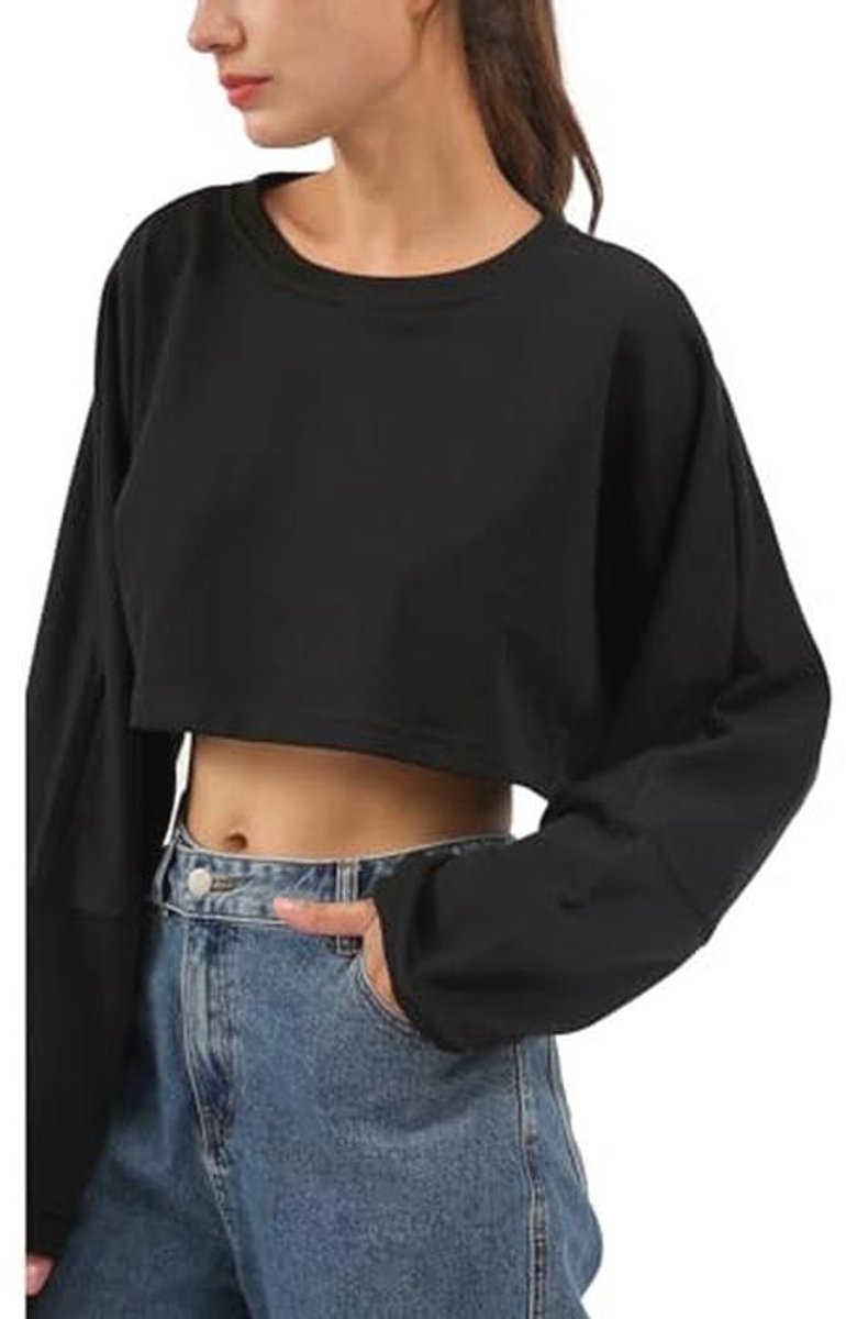 Dames Sweatshirt Crop Pullover zonder Kap - Casual Basic Oversized Crew Neck Hoodie met Lange Mouwen