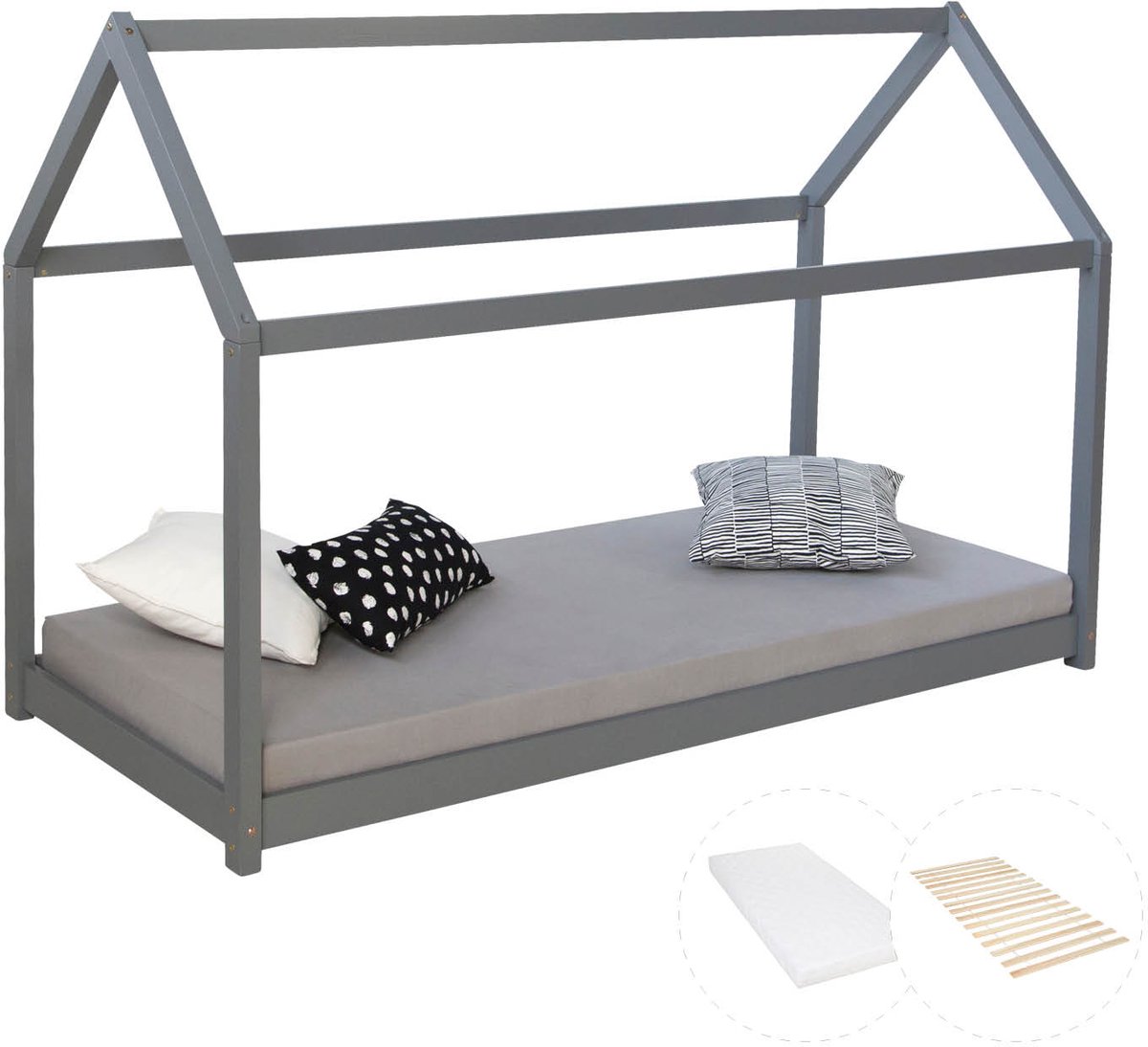 Homestyle4u Kinderbed 80x160 cm - Vloerbed - Huisbed met matras - Grijs