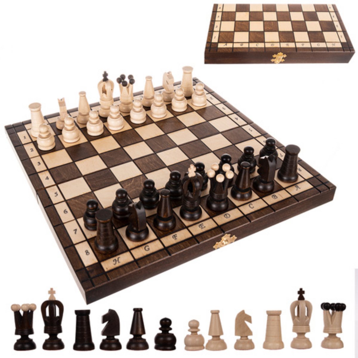Ruhhy klassiek houten schaakset 31x31 cm – luxe opbergkoffer