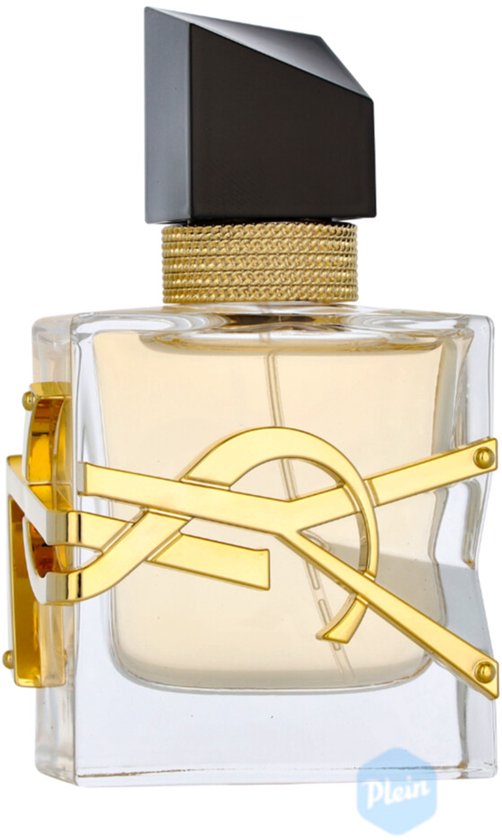 YSL Libre Eau de Parfum damesparfum, gouden YSL logo, gouden kettingdetail, zwarte dop.