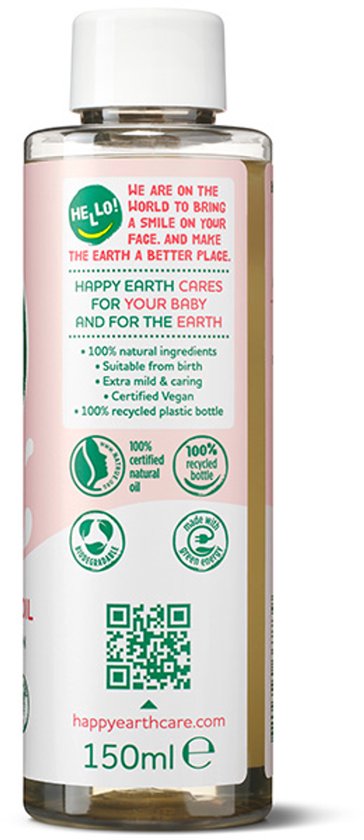 Fles met witte dop. Het label is roze met witte cirkels en tekst over 100% natuurlijke ingrediënten, vegan, en gerecyclede plastic fles.