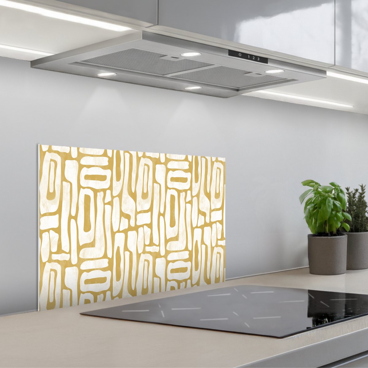 Spatscherm 60x40 cm - Zelfklevende achterwand Zandkleur - Wit - Patroon - Keuken muurbeschermer - Spatwand fornuis