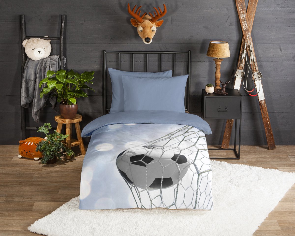 Good Morning dekbedovertrek voetbal in goal - 1 persoons 140x200/220 cm - Blauw - 100% Katoen flanel