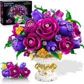 PLAXSOON Kit de construction Roses violettes - Bouquet de Fleurs de 969 pièces avec vase - 18 roses - Jeux de construction de bonsaï - Jouet de décoration pour Enfants et Adultes