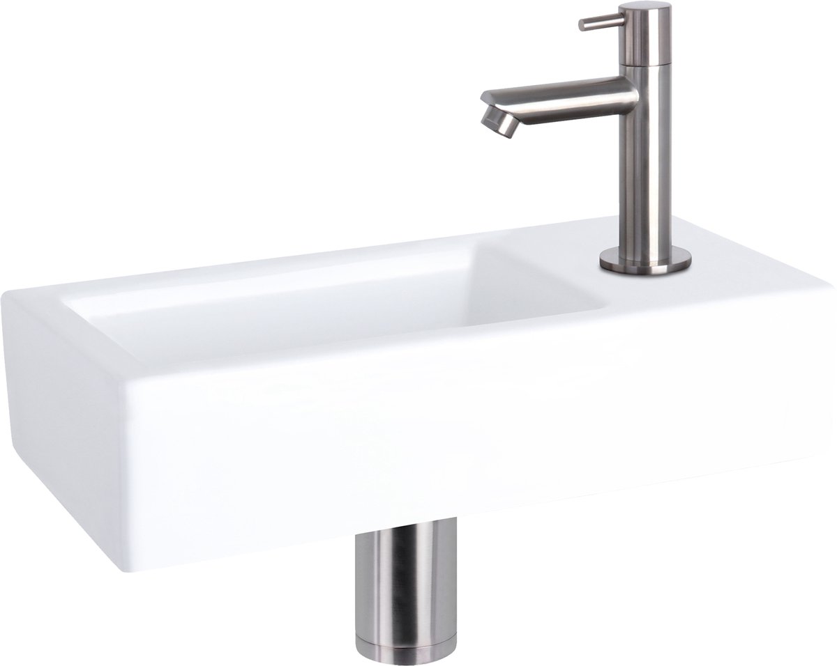 Differnz Helios fonteinset - keramiek wit - koudwaterkraan recht mat chroom - kraan rechts - always open afvoerplug - 37.5 x 18.5 x 9 cm