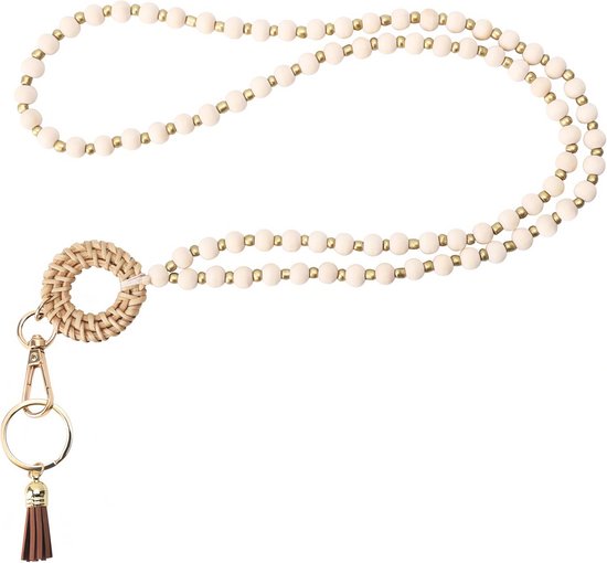Houten Kralen Sleutelkoord – Boho ID-kaarthouder Met Kwastjes, Beige – Voor Sleutels, Badges & Accessoires, 55 Cm 4 miniatura
