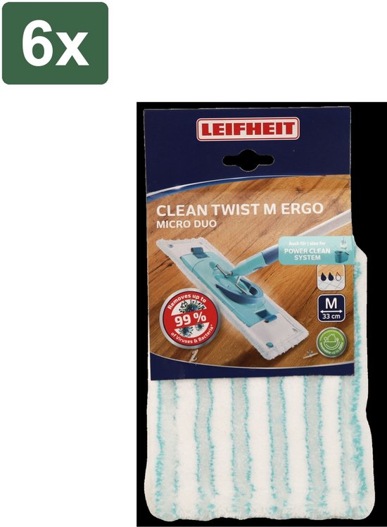 Pack de 6 housses de balai Leifheit Clean Twist M Ergo Micro Duo, blanches avec rayures bleu clair.
