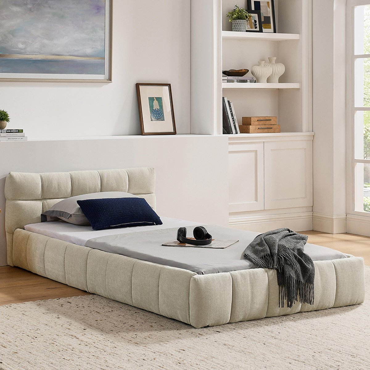 KOMHTOM Kinderbed Eenpersoonsbed 90x200 cm van zacht en zijdezacht chenille met vierkant gewatteerd motief in beige hout