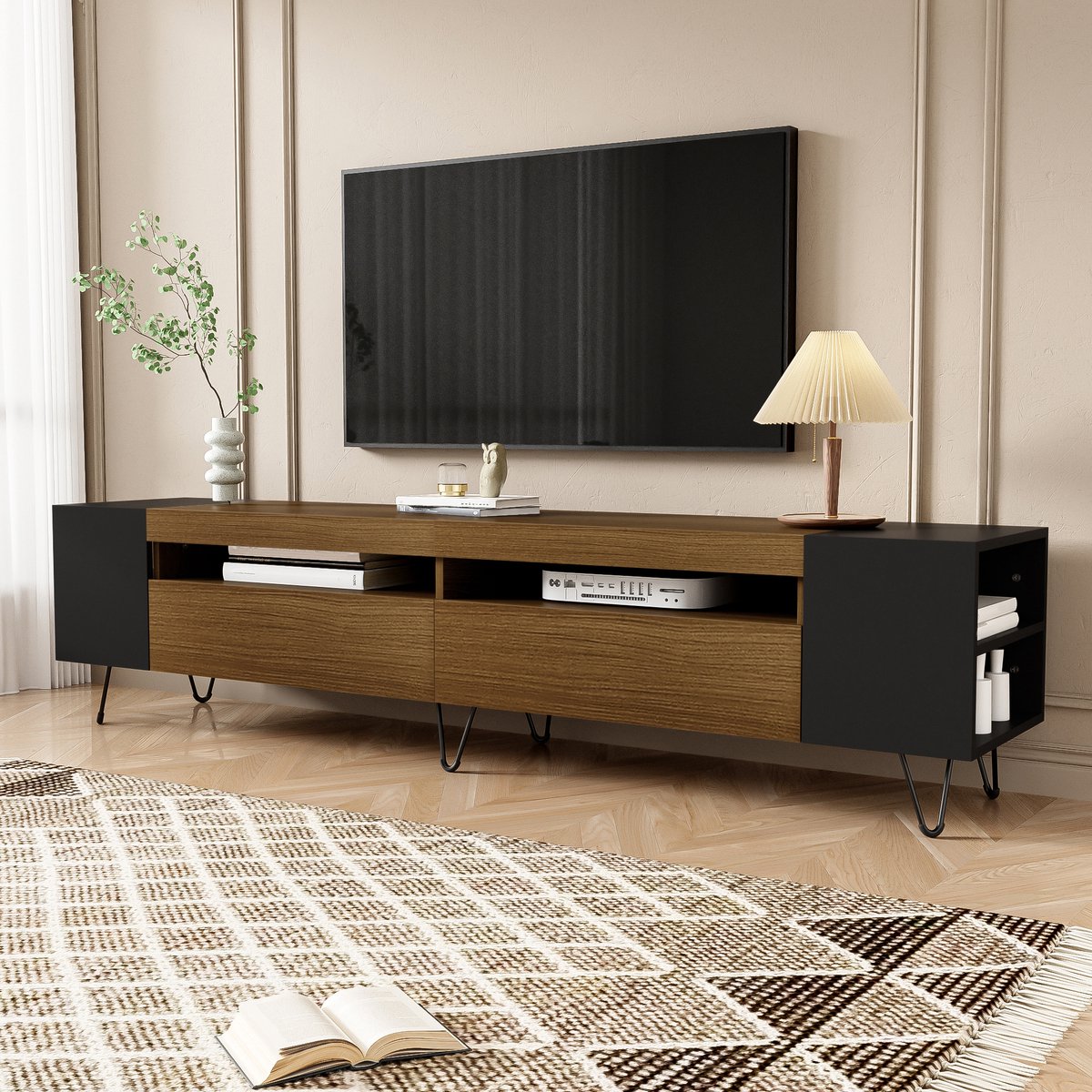 REDOM TV-meubel - MDF - met deuren - 180 L x 36 B x 43 H Black,Wood Zwart+Hout
