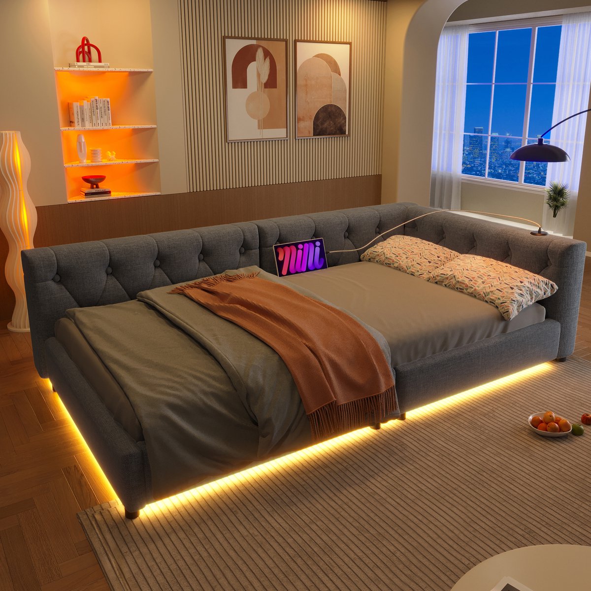 HAUSS SPOLE Gestoffeerd Dagbed 90x200 cm - Knopgestoffeerd Hoofdeinde - met USB & Type-C Oplaadpunt en 7-Kleurige LED - Linnen - Grijs - Zonder matras