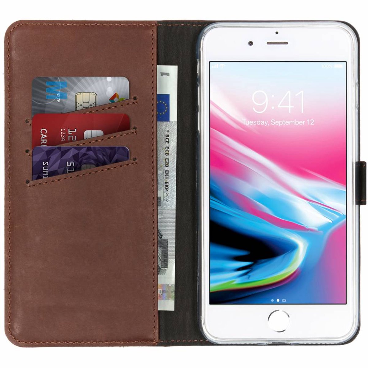 Selencia Hoesje - Geschikt voor Apple iPhone 8 Plus / 7 Plus - Echt Lederen Bookcase - Bruin
