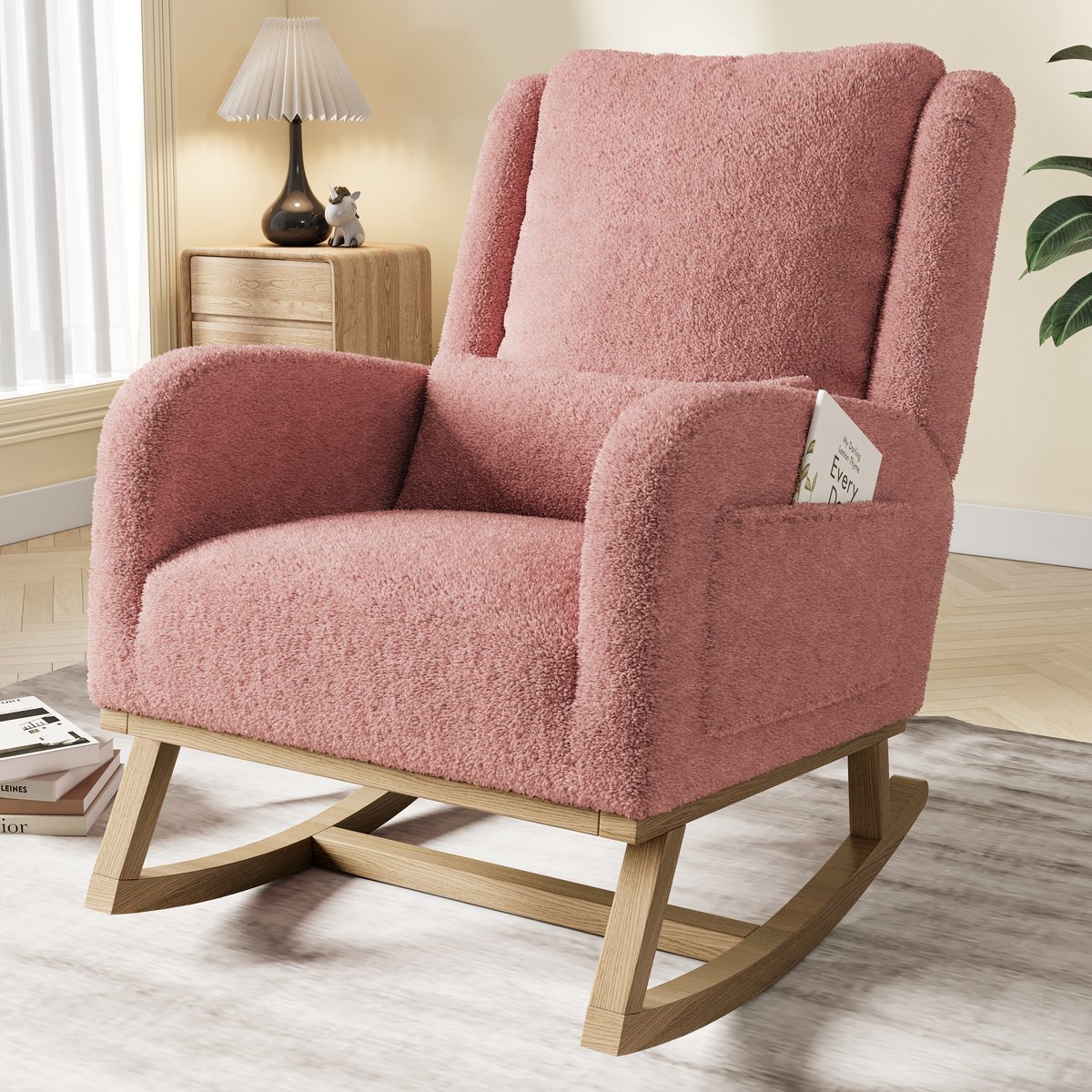 Schommelstoel, Teddyplüsch Verpleegstoel, Relaxstoel babykamer met verdikt kussen, Massief houten frame, Roze