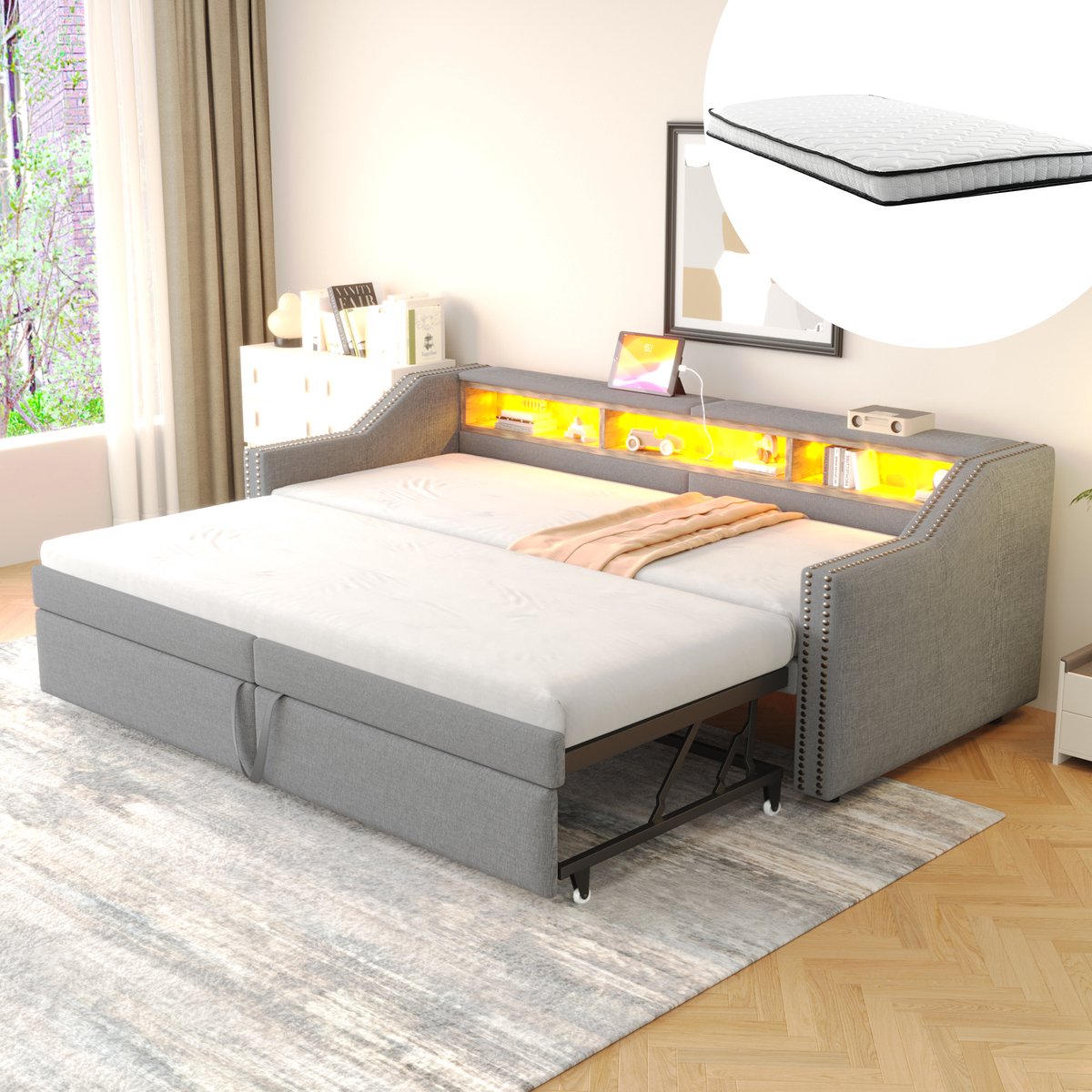 HAUSS SPOLE Gestoffeerd Slaapbank 90/180 x 200 cm - Uitneembaar Bedframe Met Tweede Uittrekbed En Opbergruimte Met USB - Linnen - Lichtgrijs - Met Matras