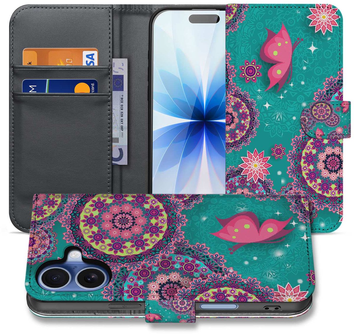 Apple iPhone 17 Bookstyle Hoesje Met Pasjes Cirkels en Vlinders