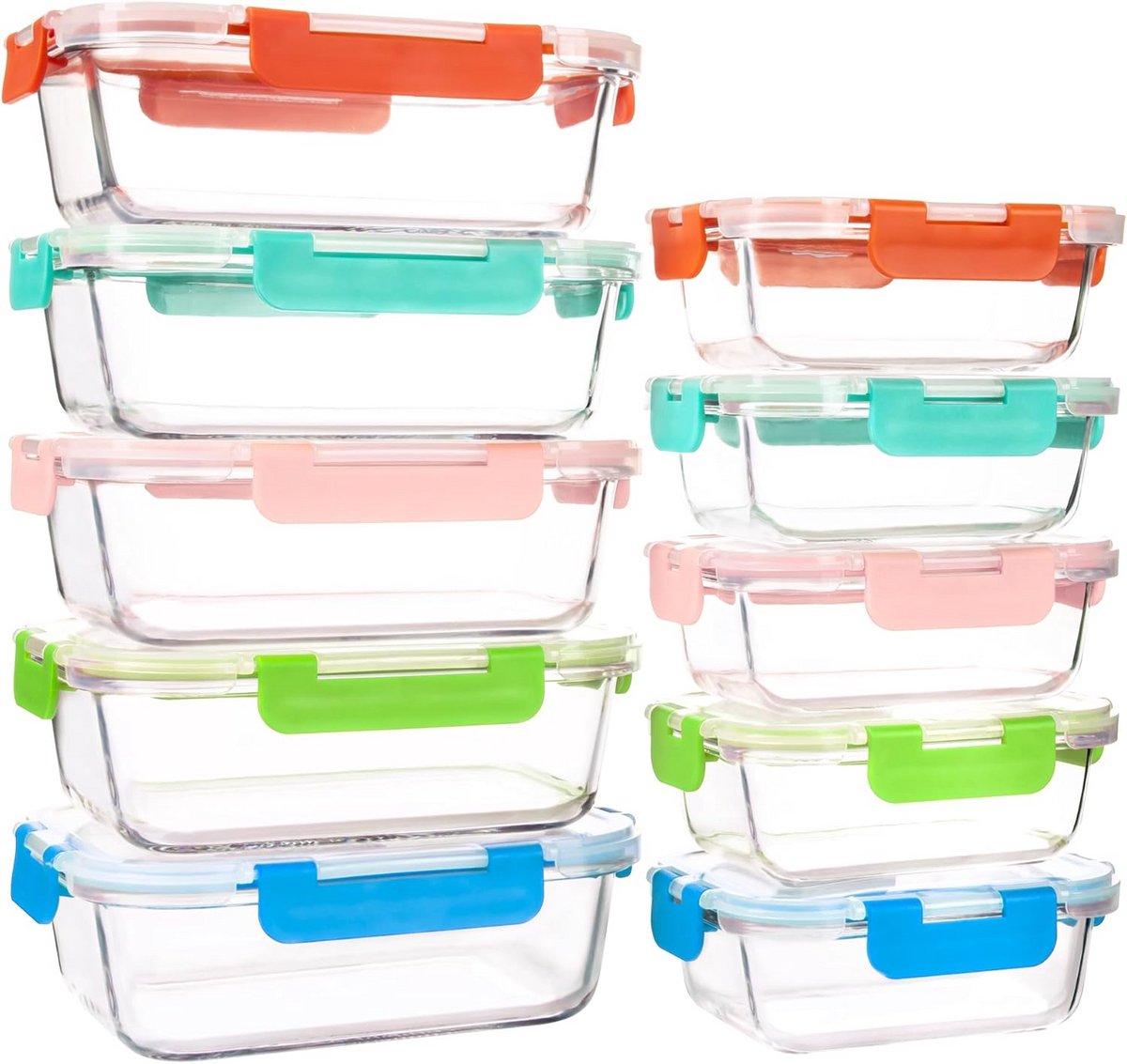 Glazen Voedselopslagcontainers Set van 10 - Luchtdichte Glazen Dozen voor Maaltijdbereiding, Lunch en Opslag - Magnetron, Oven, Vriezer en Vaatwasmachine Geschikt