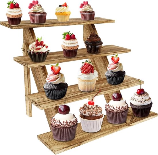 3-Etagère Ronde Taartstandaard, Houten Cupcake-Standaard Met Metalen Handgreep Bamboe Voor Verjaardag Bruiloft Babyshower Kerstmis En Feestjes