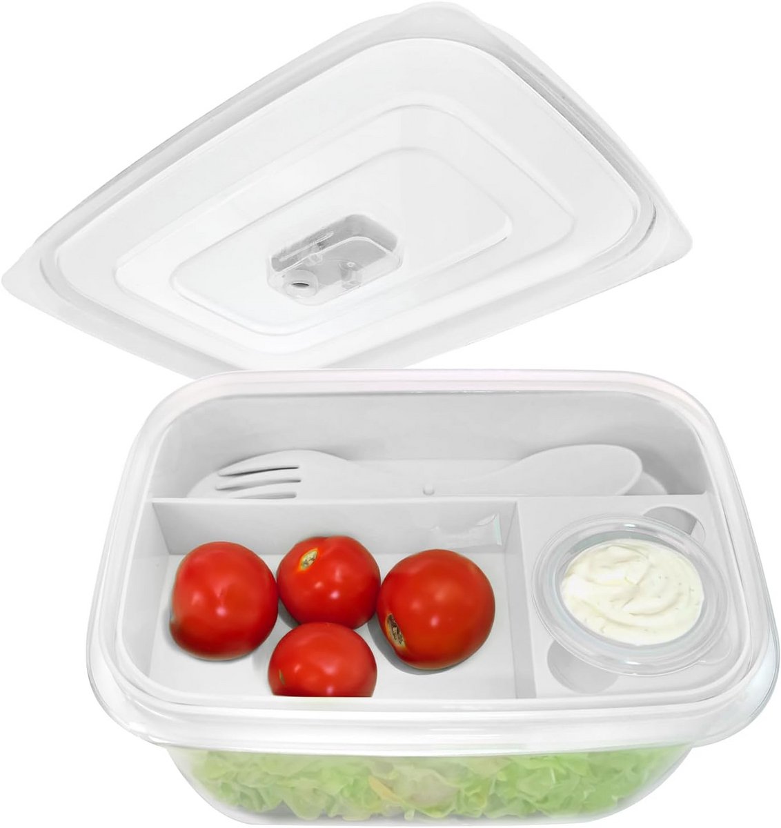 Lunchbox wit met bestek en sausbakje - 2 vakken - 19 cm - afsluitbaar - vaatwasserbestendig