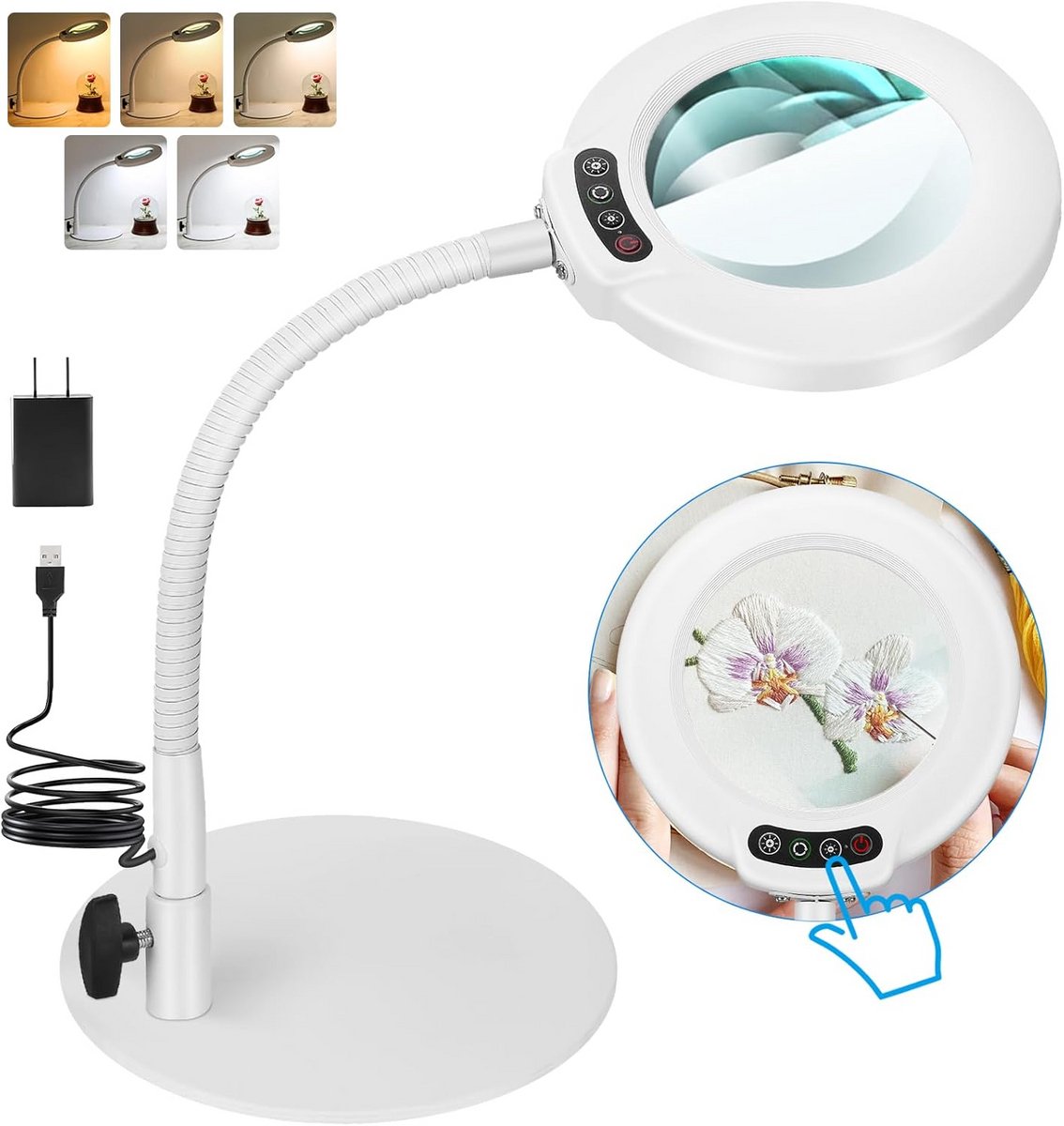 Vergrootglas met Licht en Flexibele Zwanenhals 10x Vergroting Dimbare LED Bureaulamp