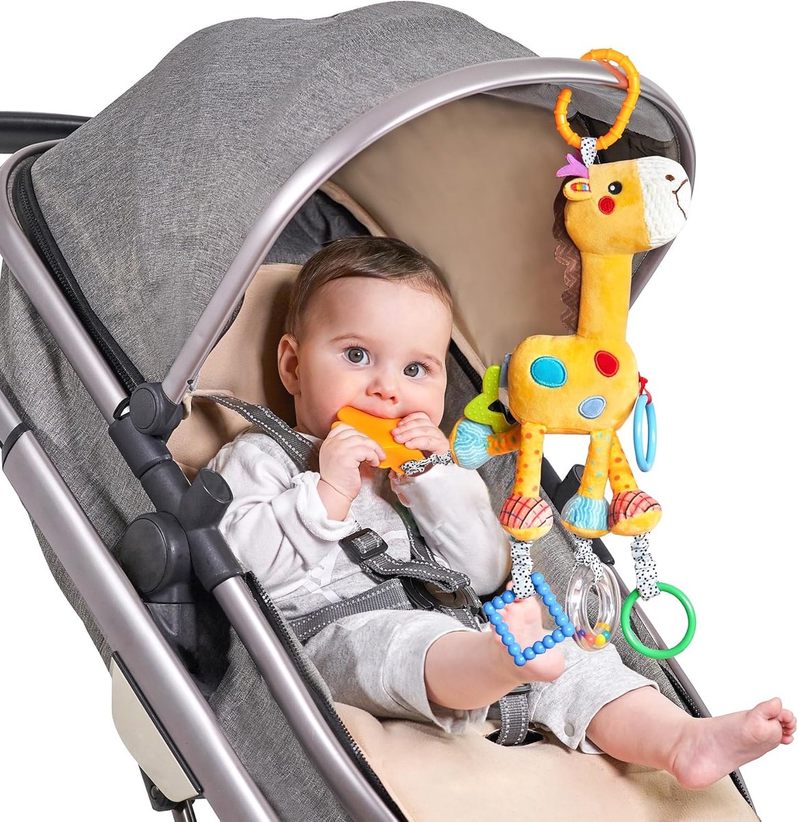 Giraffe Opknoping Rammelaar Speelgoed,Baby Kinderwagen Speelgoed met windklokkenspel,Kinderwagen Autostoel Wieg Pluche Dieren Activiteitenspeelgoed Cadeau voor Pasgeborene 0,3,6,9,12,36 Maand-Geel