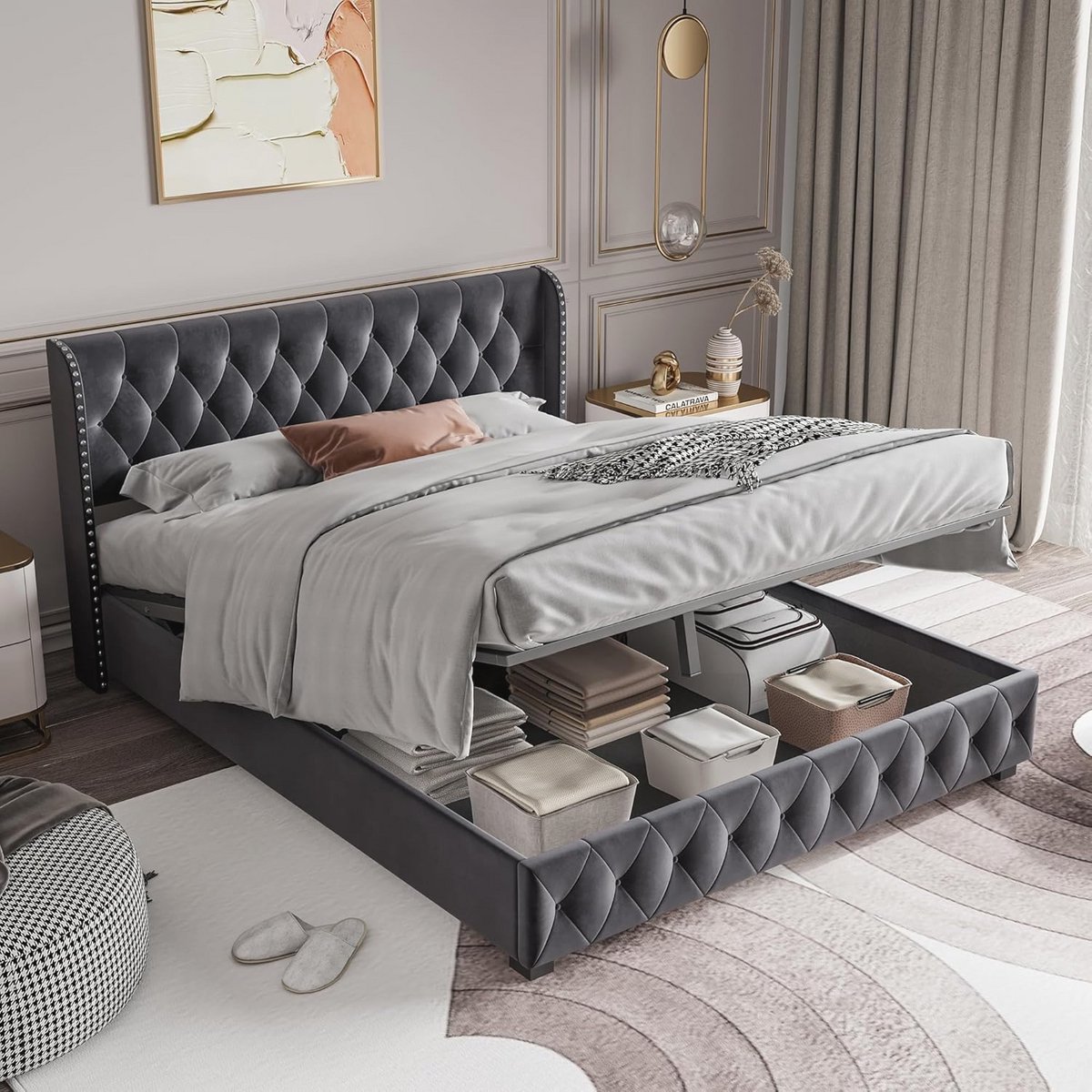 Tweepersoonsbed 180x200 cm met lattenbodem, hoofdeinde en opbergruimte