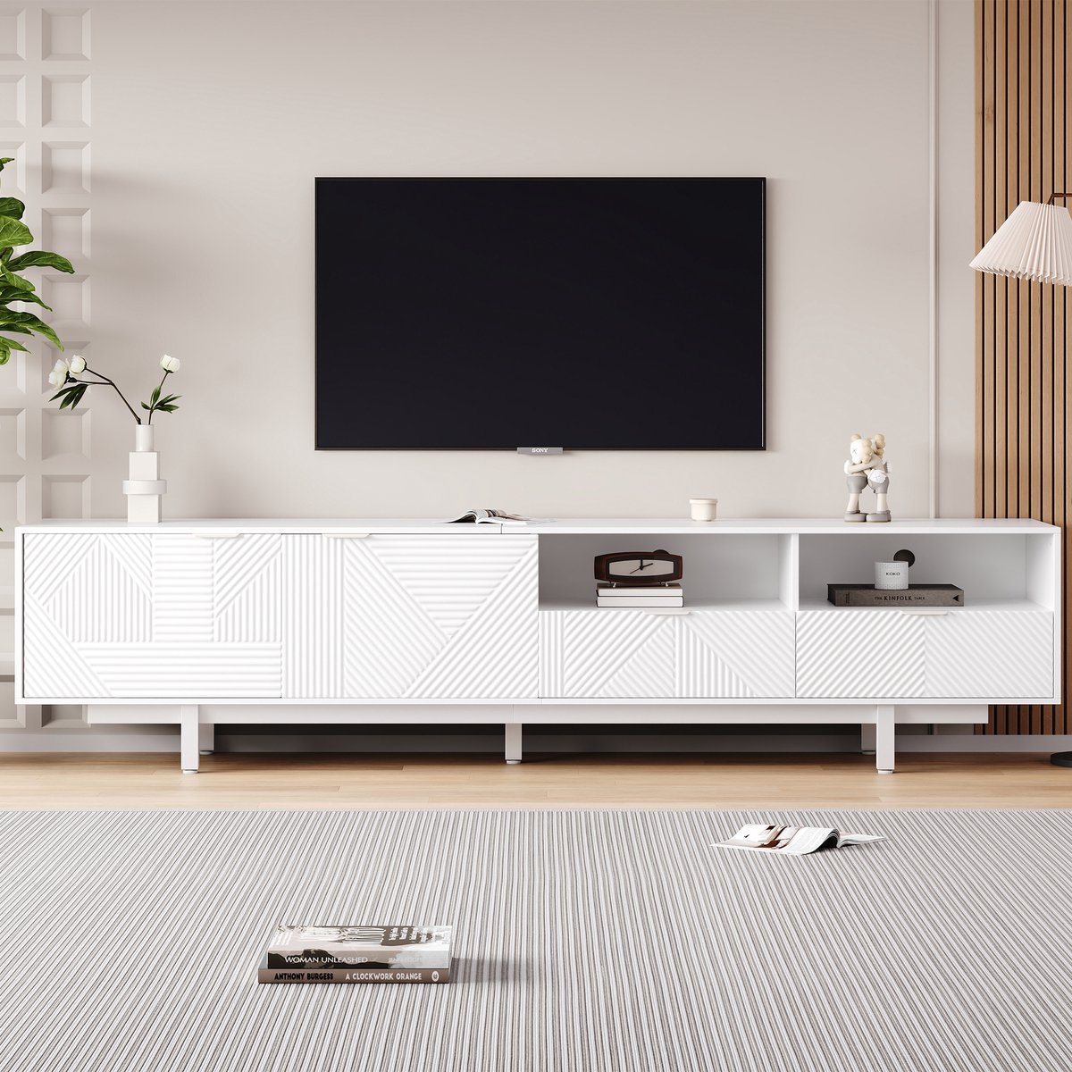 MODFU TV-meubel 200*40*51cm van MDF-hout, wit, modern geometrisch lijnontwerp en met opbergruimte
