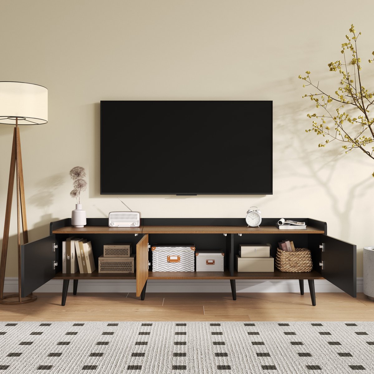 MODFU TV-meubel 160x39x49,5 cm van MDF en spaanplaat, met drie deuren, verhoogde rand en massieve houten poten, zwart/naturel Zwart+Natuurlijk