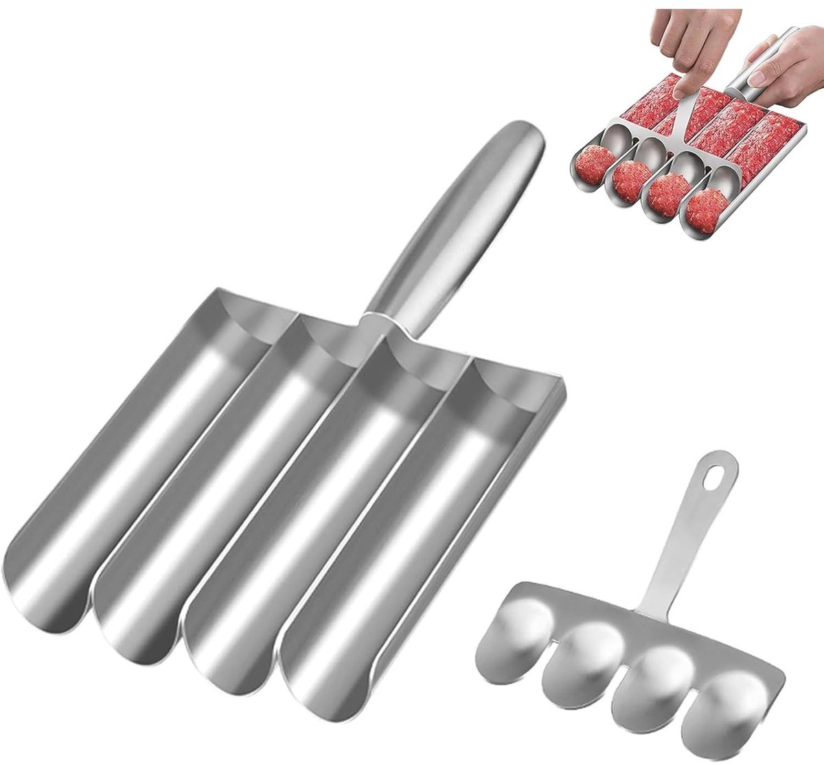 QTTVBTNA - 1 Stuk RVS Gehaktballen Maker 4-Vormig – Handmatige Meatball Former met Lange Handgreep – Multifunctionele Portioneerlepel voor Gehakt, Frikadellen en Keukenbereidingen – Duurzaam, Gebruiksvriendelijk & Makkelijk Schoon te Maken – zilver